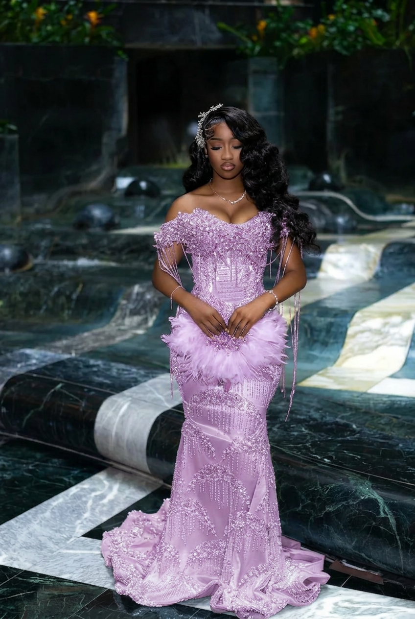 Lilac off-the-shoulder rhinestone mermaid prom dress