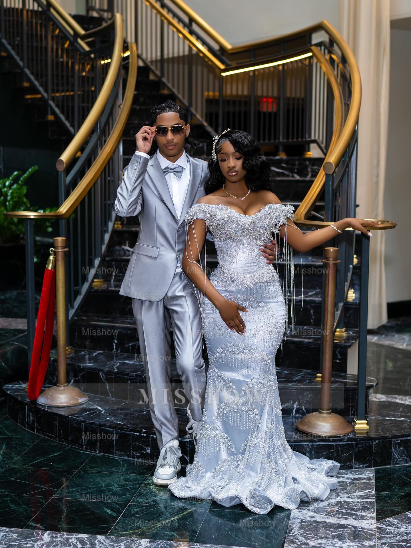Silver off-the-shoulder rhinestone mermaid prom dress