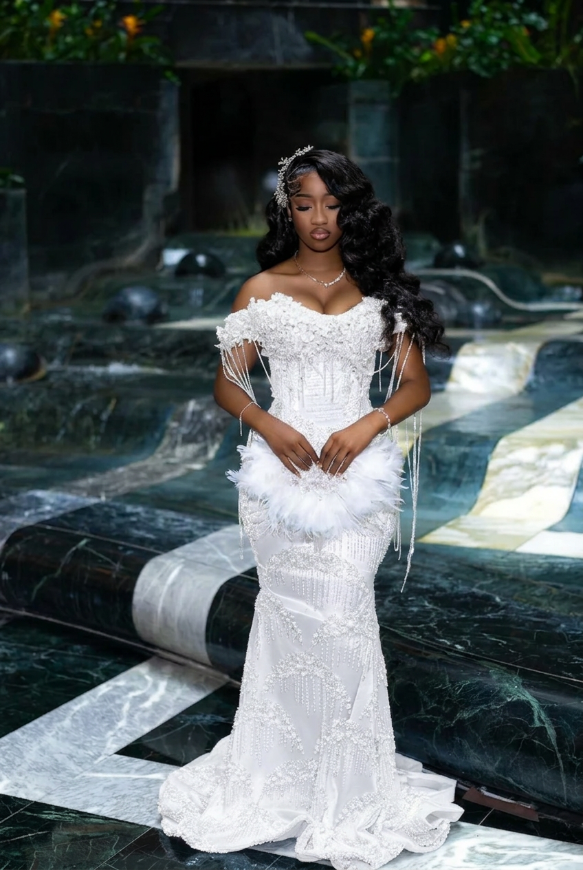 White off-the-shoulder rhinestone mermaid prom dress