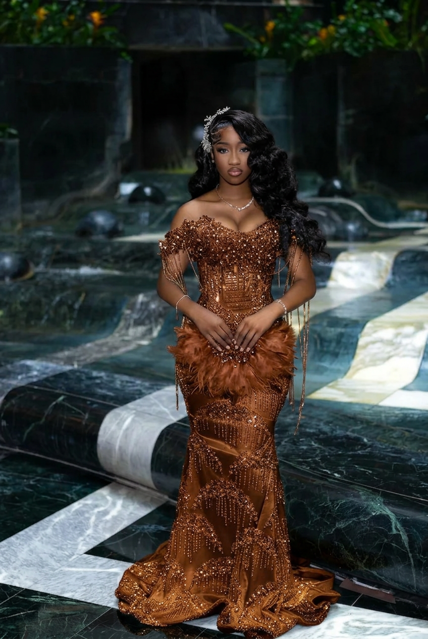 Chocolate off-the-shoulder rhinestone mermaid prom dress
