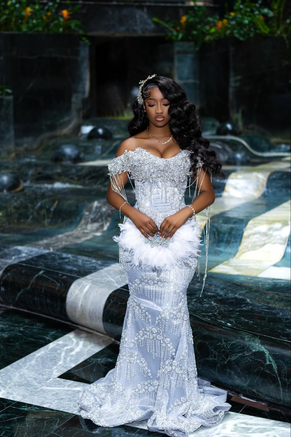 Silver off-the-shoulder rhinestone mermaid prom dress