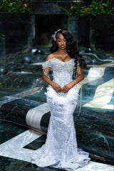 Gorgeous Silver Off-the-Shoulder Sleeveless Mermaid Prom Dress with Tassels and Rhinestones