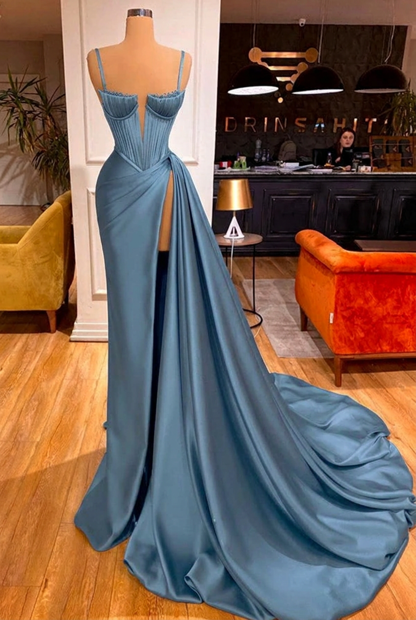 Dusty blue sweetheart split-front mermaid prom dress