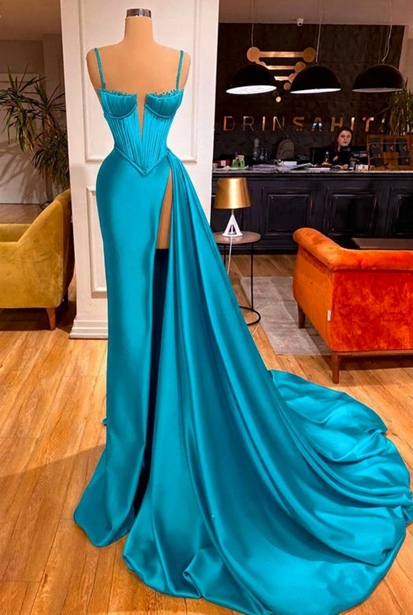 Turquoise sweetheart split-front mermaid prom dress