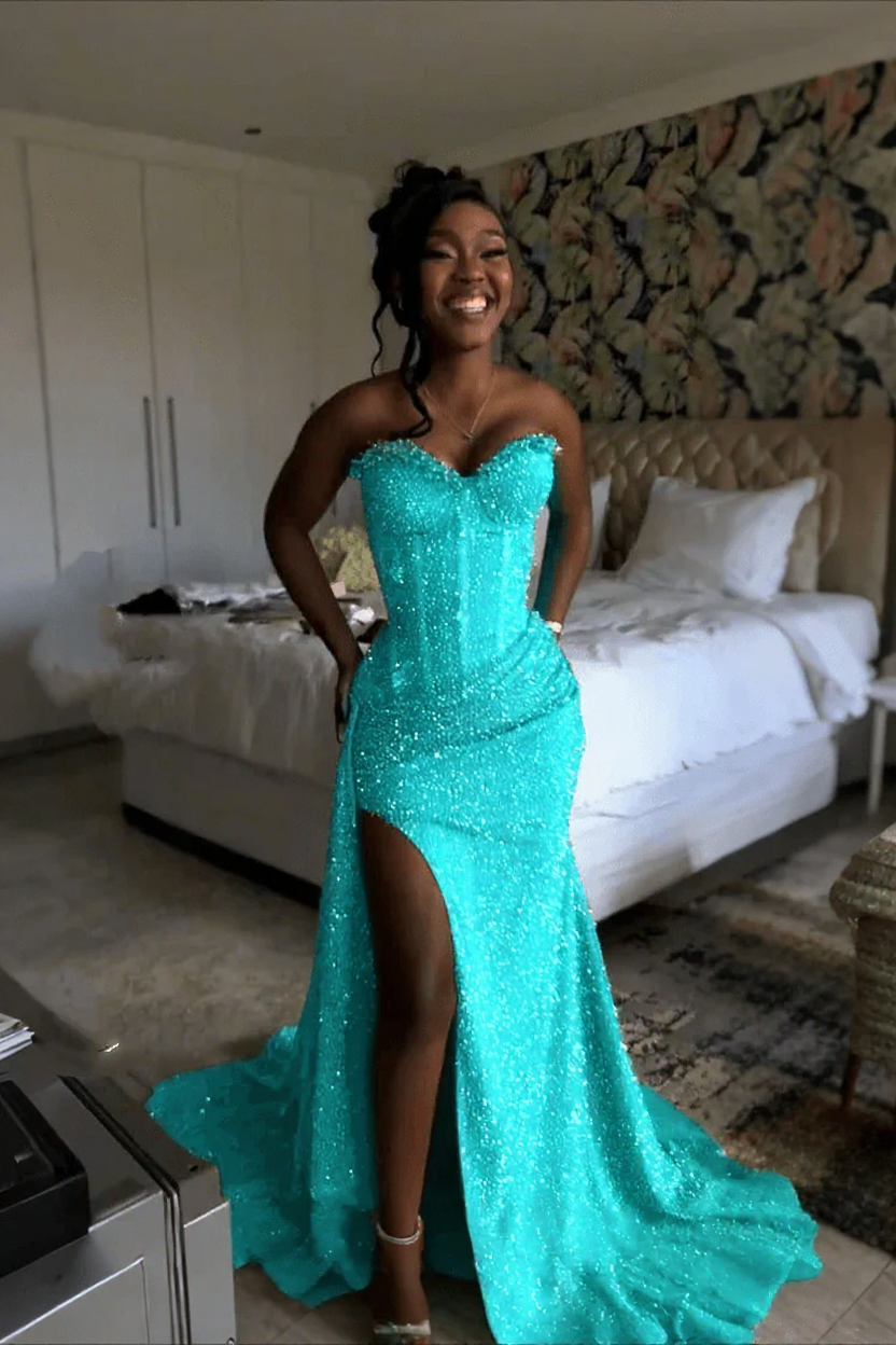 Gorgeous Strapless Sleeveless Mermaid Glitter Long Prom Dress With Slit