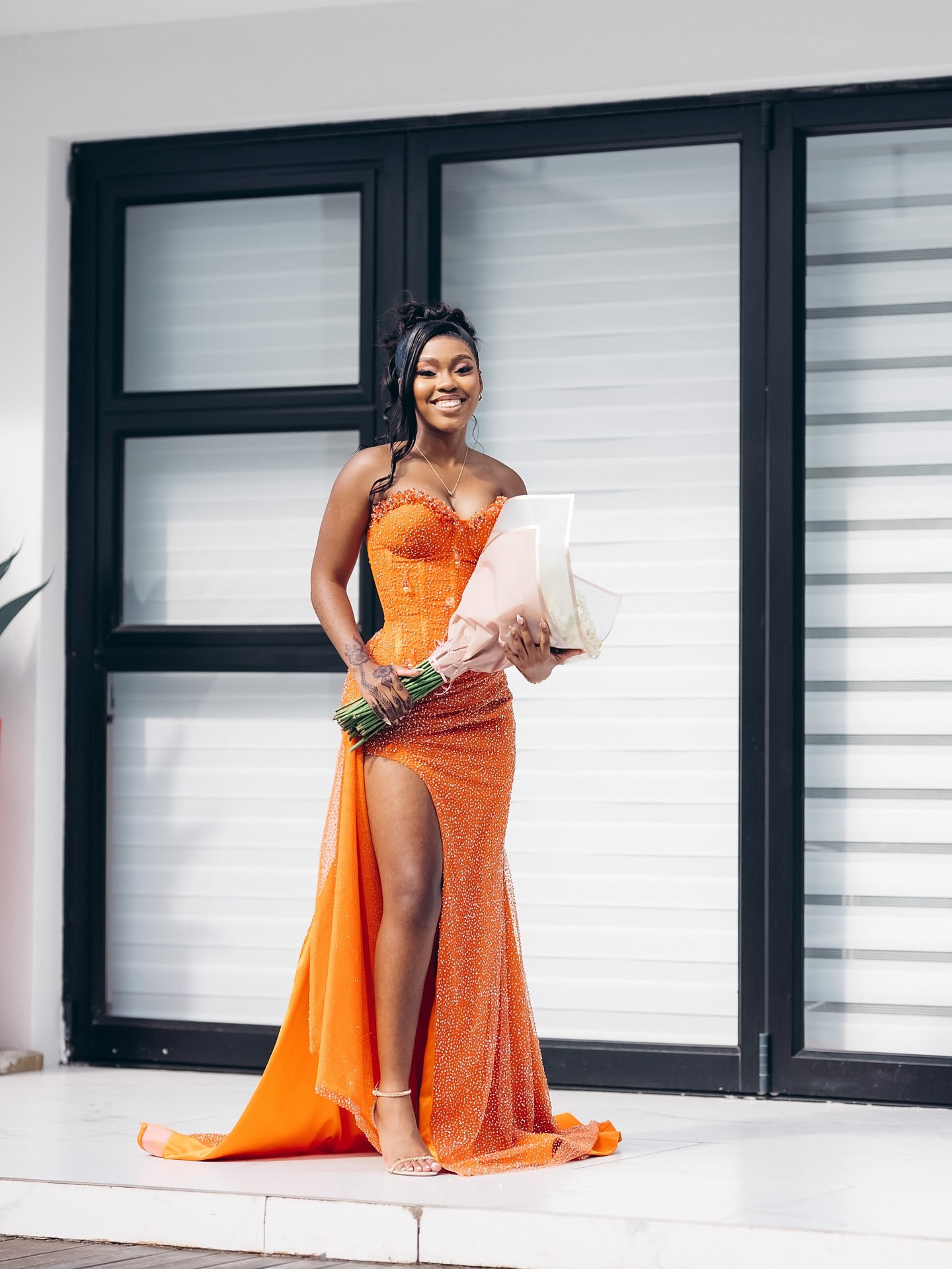 Orange strapless split-front mermaid prom dress