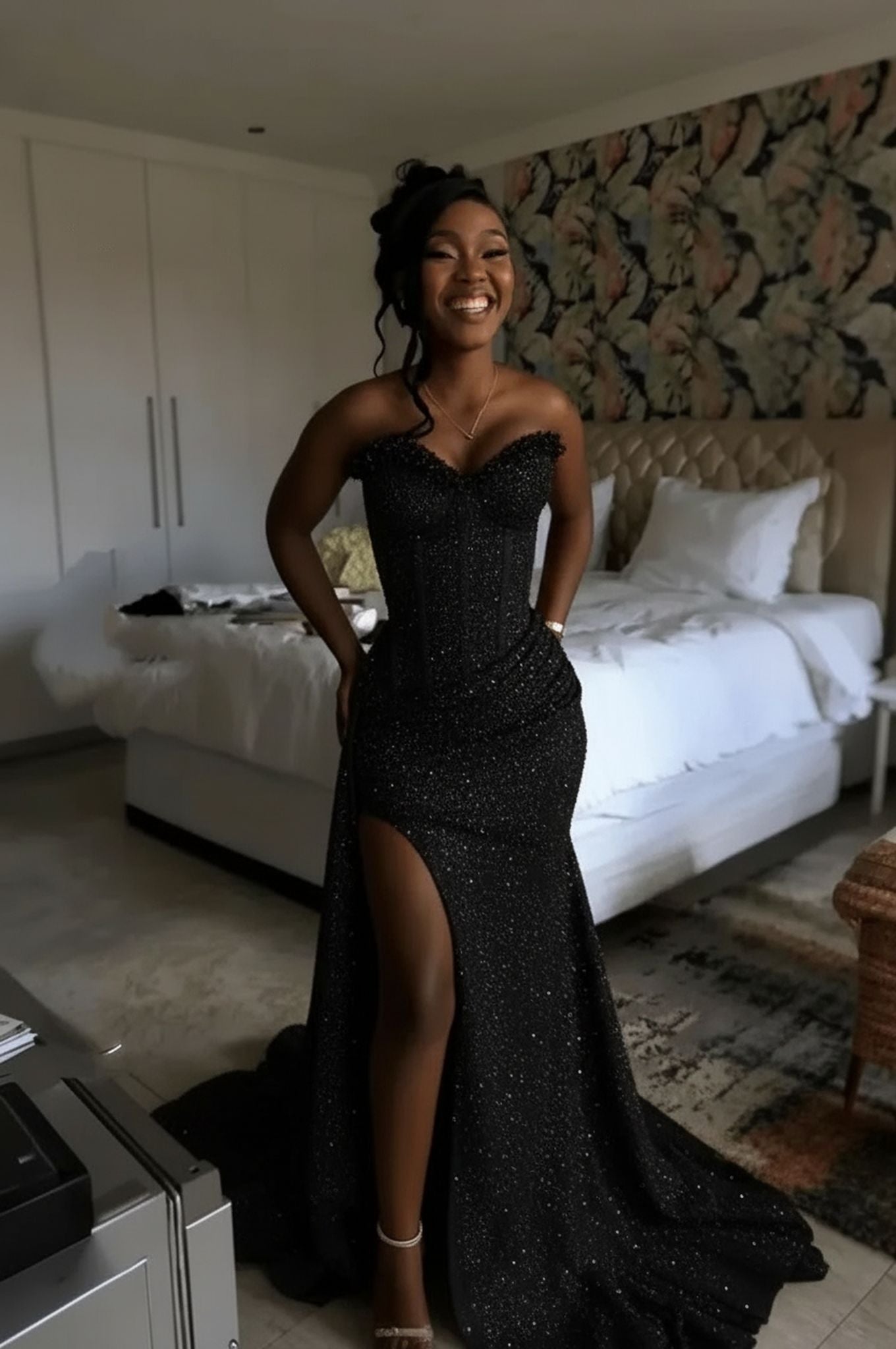 Black strapless split-front mermaid prom dress