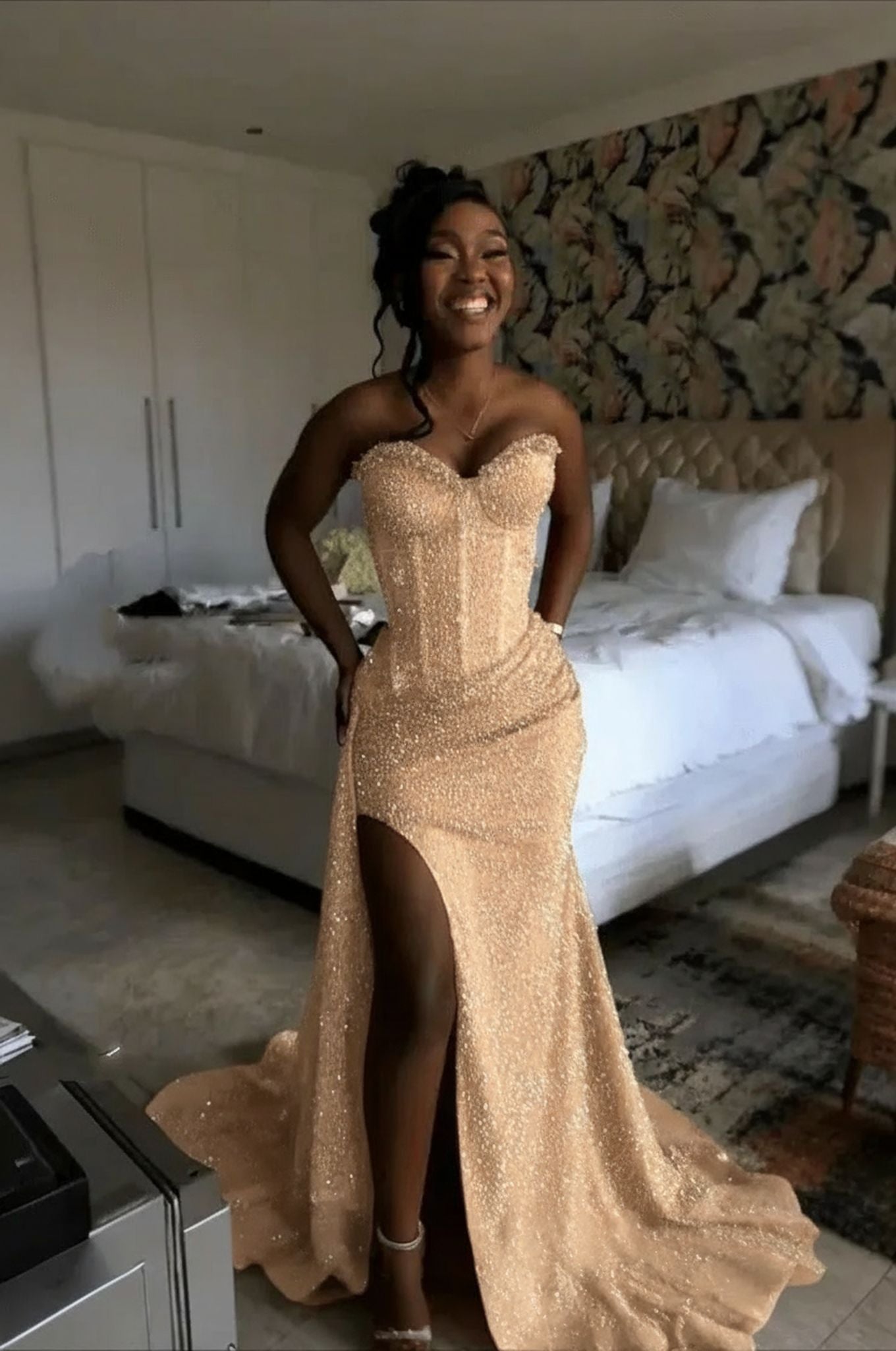 Gold strapless split-front mermaid prom dress