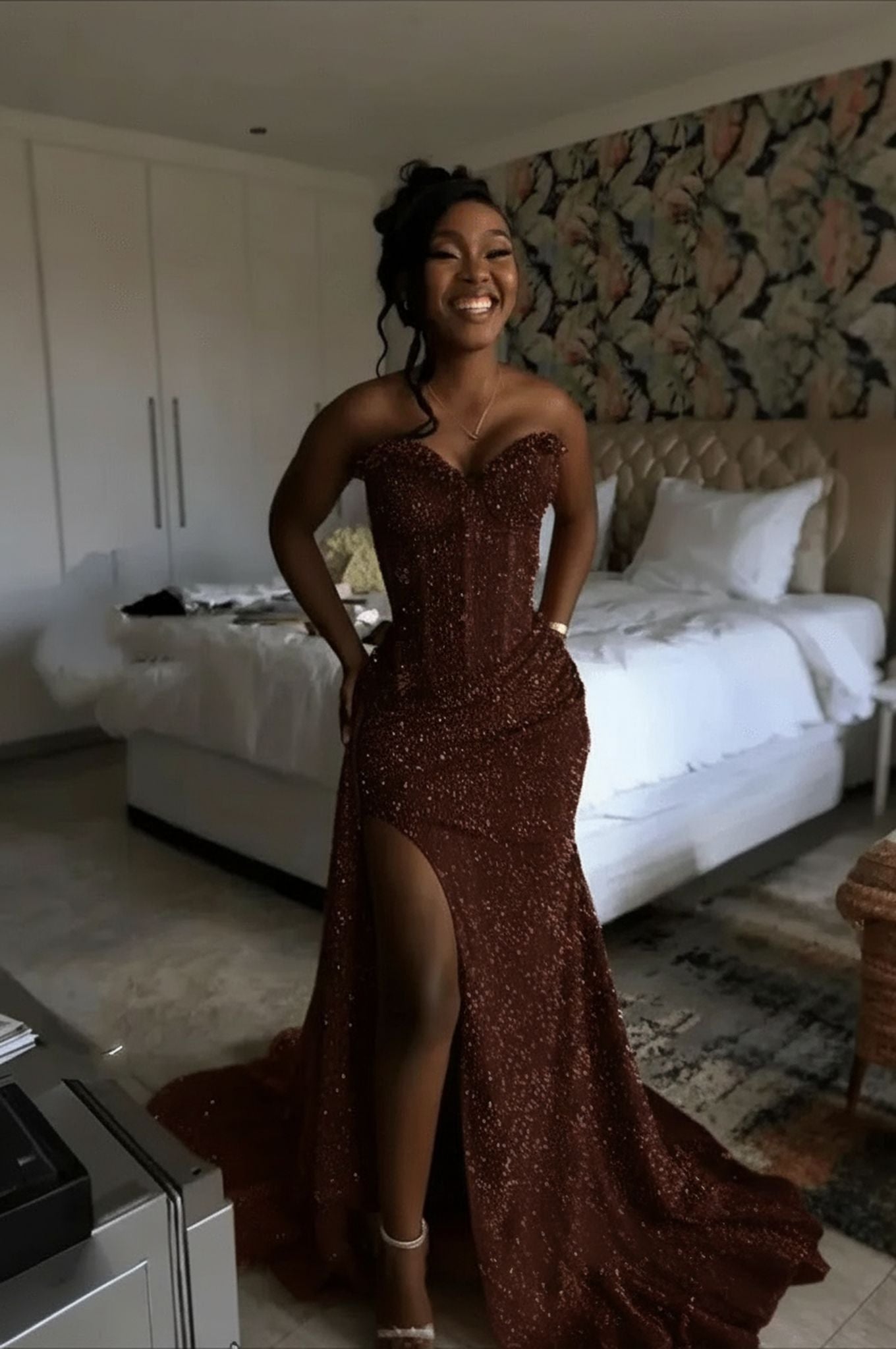 Chocolate strapless split-front mermaid prom dress