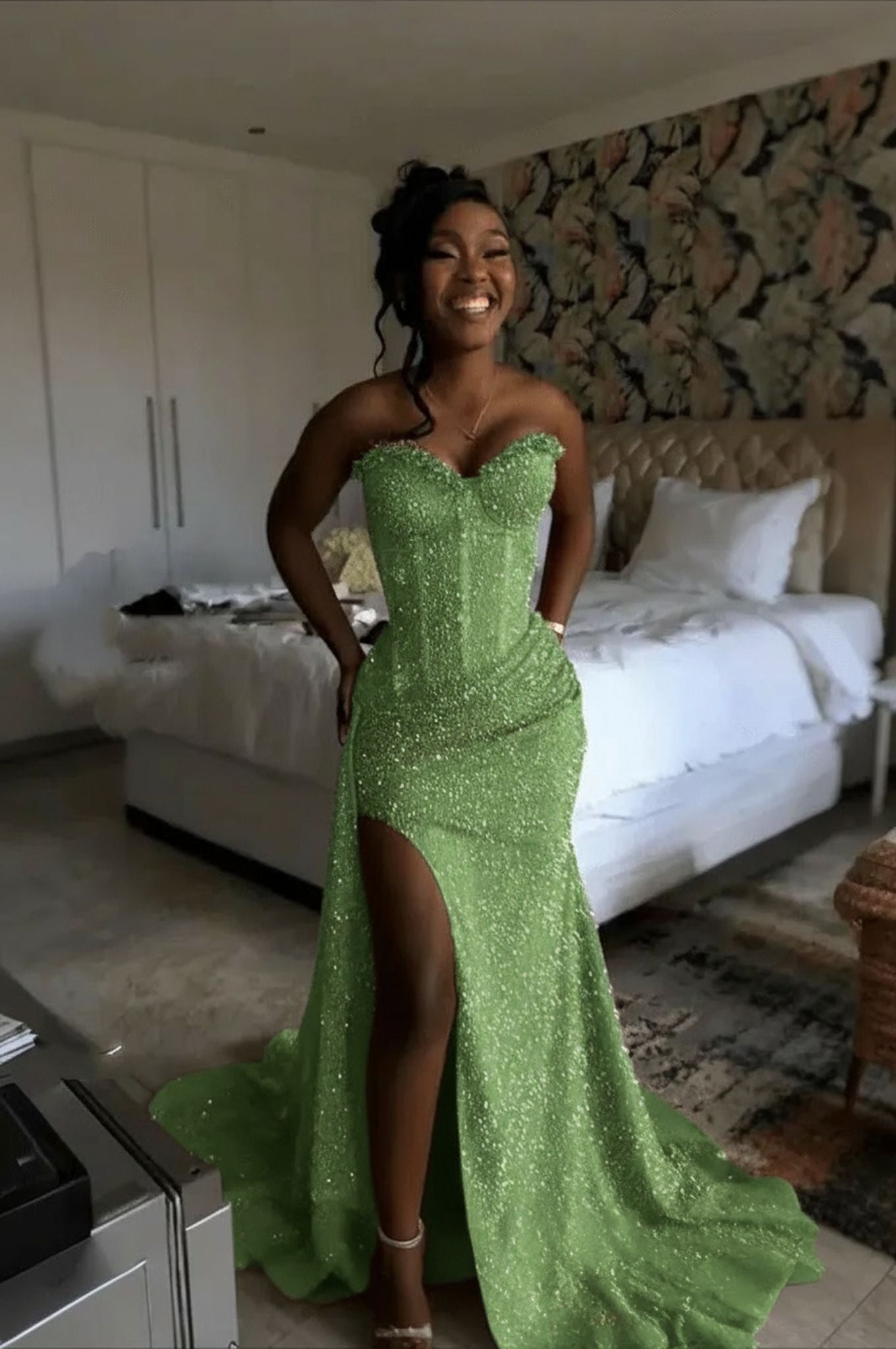 Green strapless split-front mermaid prom dress