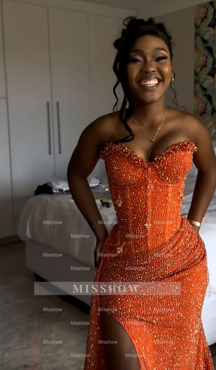 Orange strapless split-front mermaid prom dress