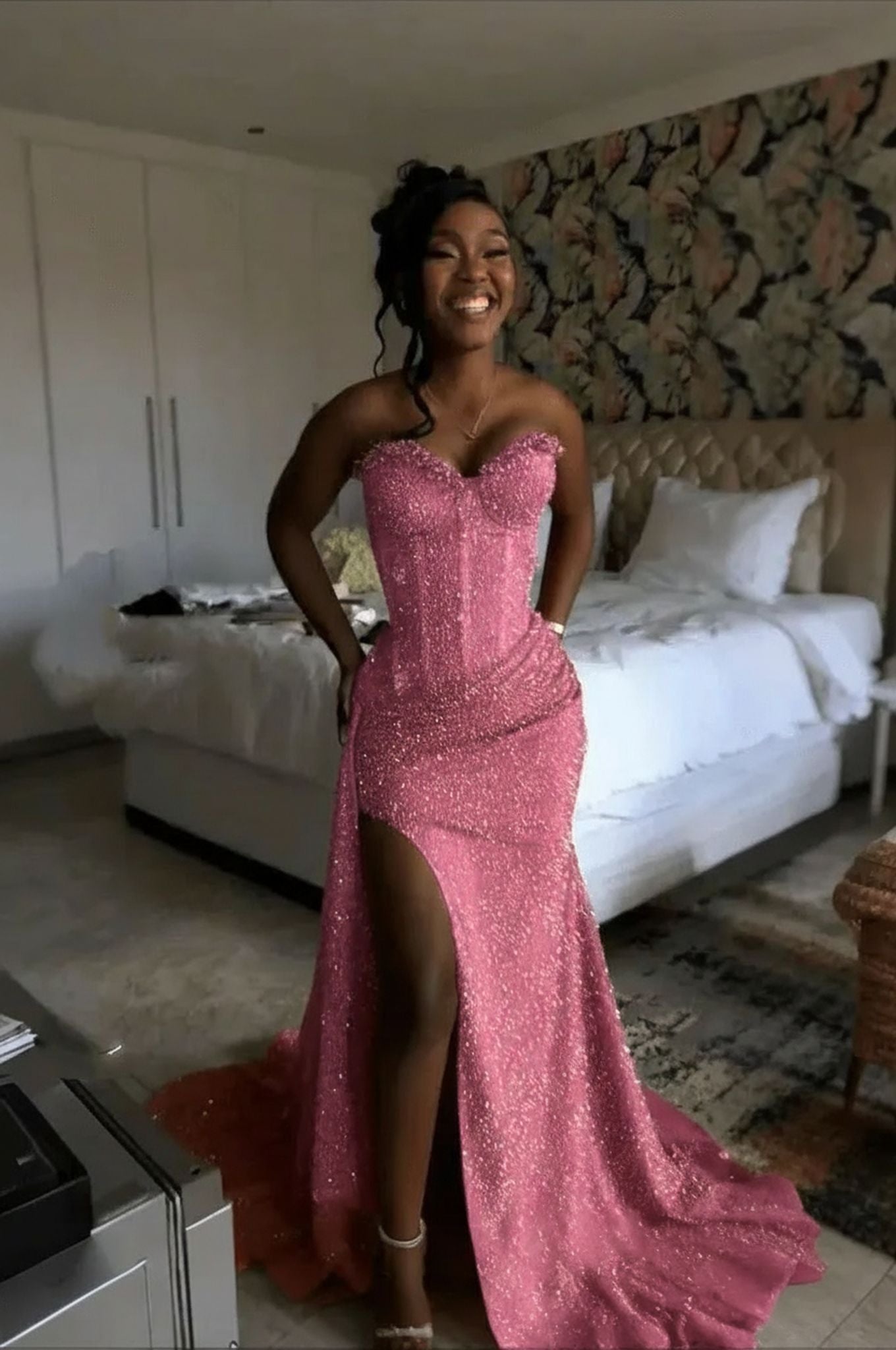 Pink strapless split-front mermaid prom dress