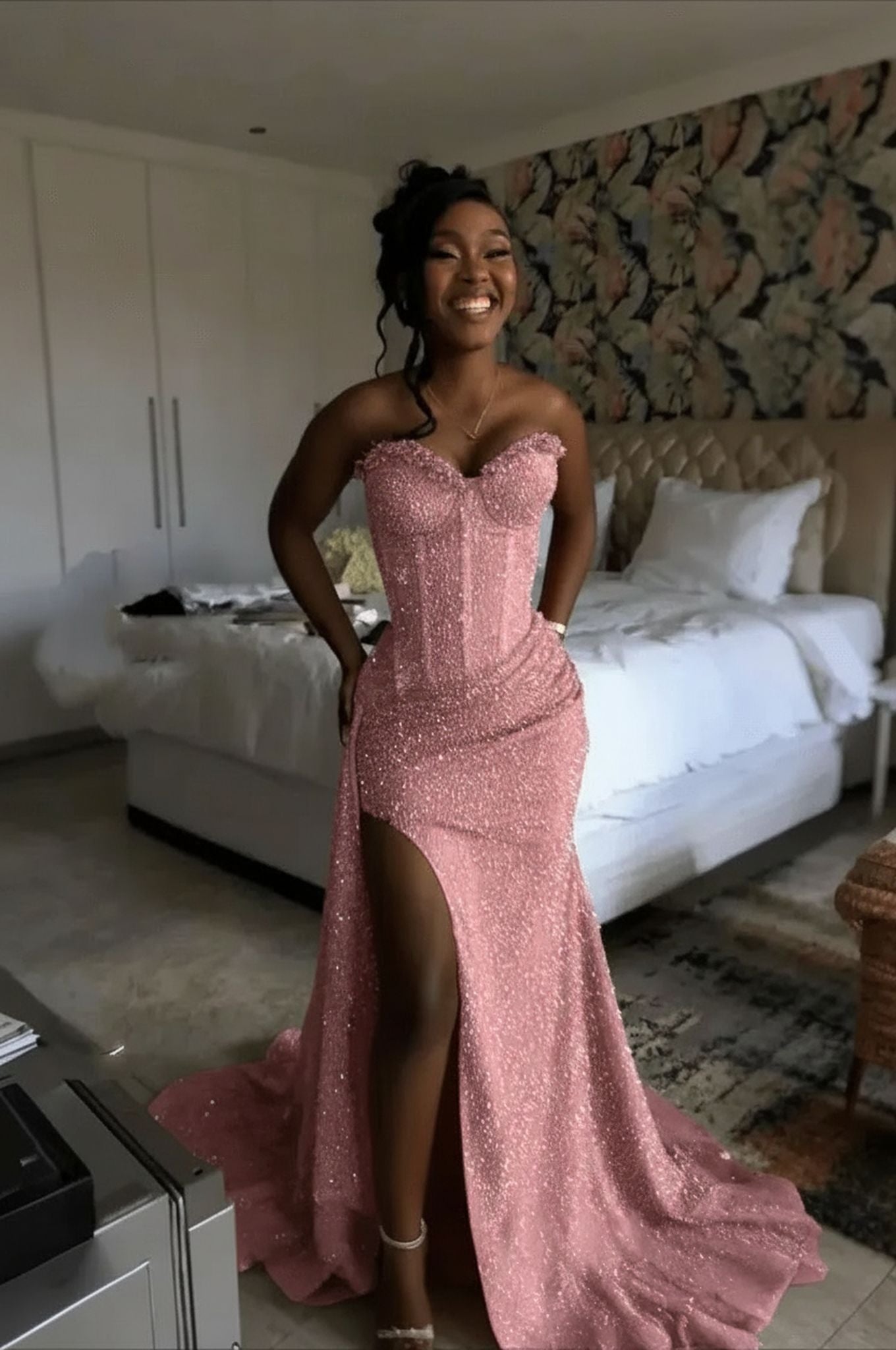 Dusty rose strapless split-front mermaid prom dress