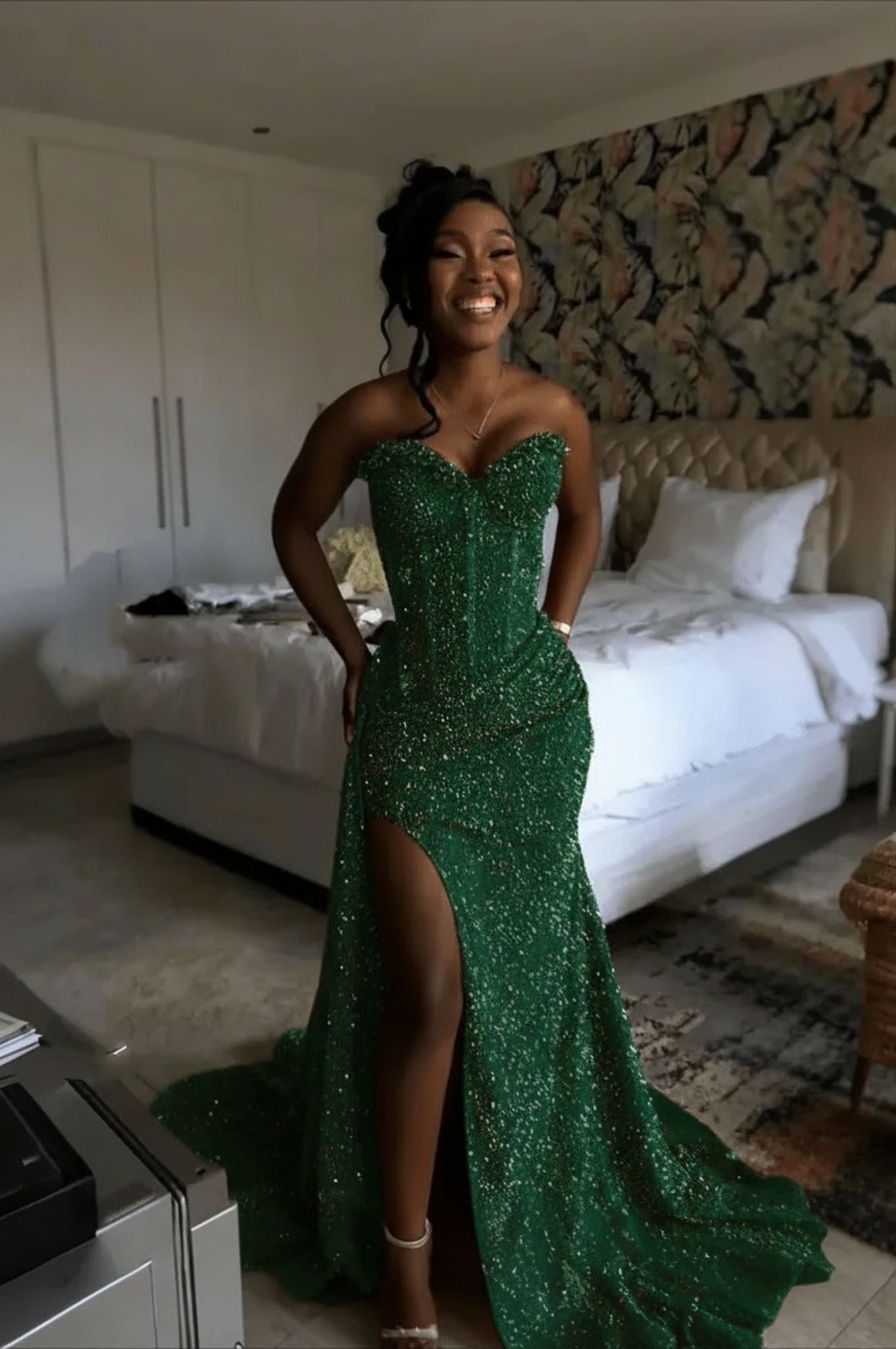 Emerald strapless split-front mermaid prom dress