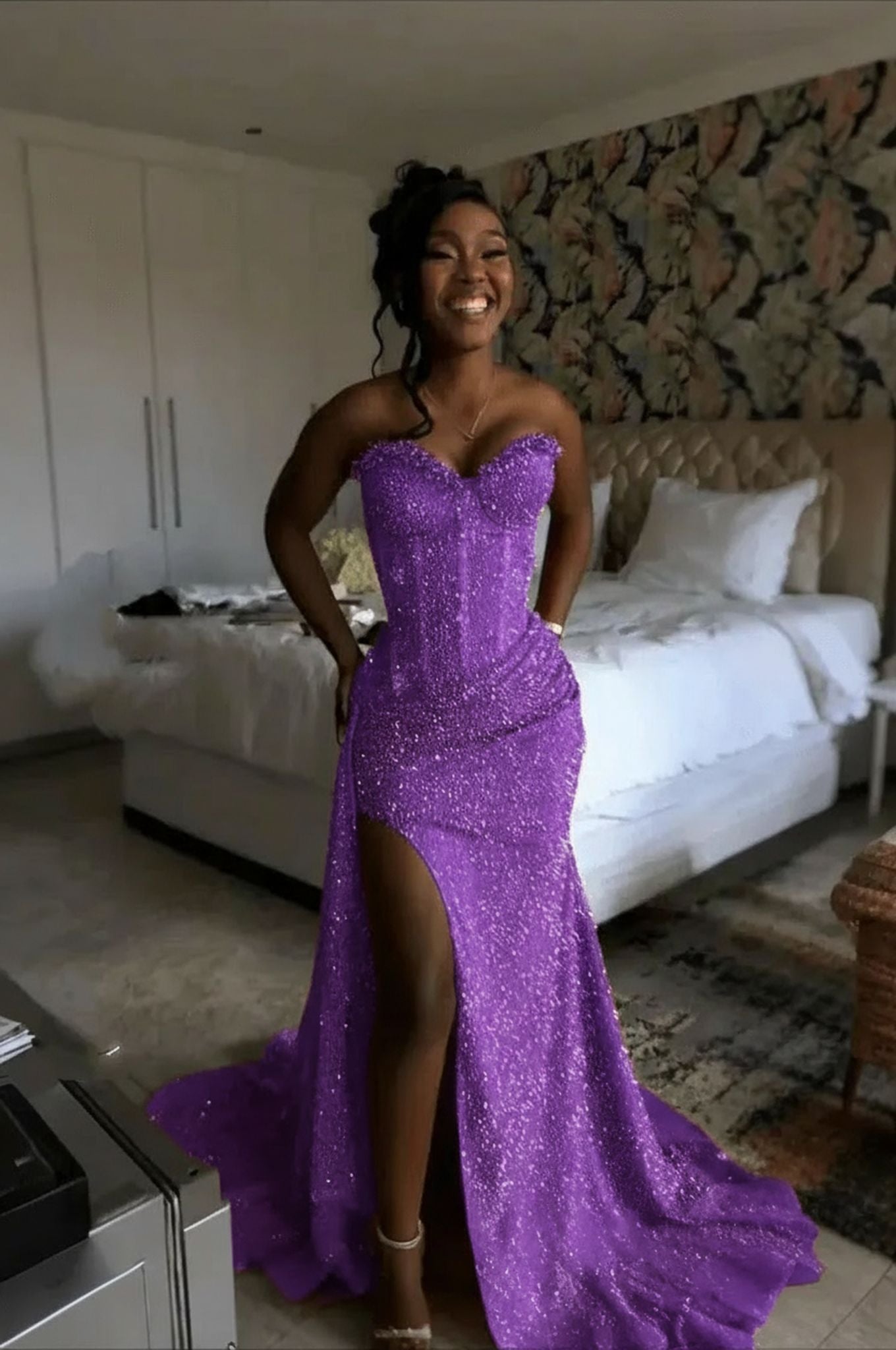 Purple strapless split-front mermaid prom dress