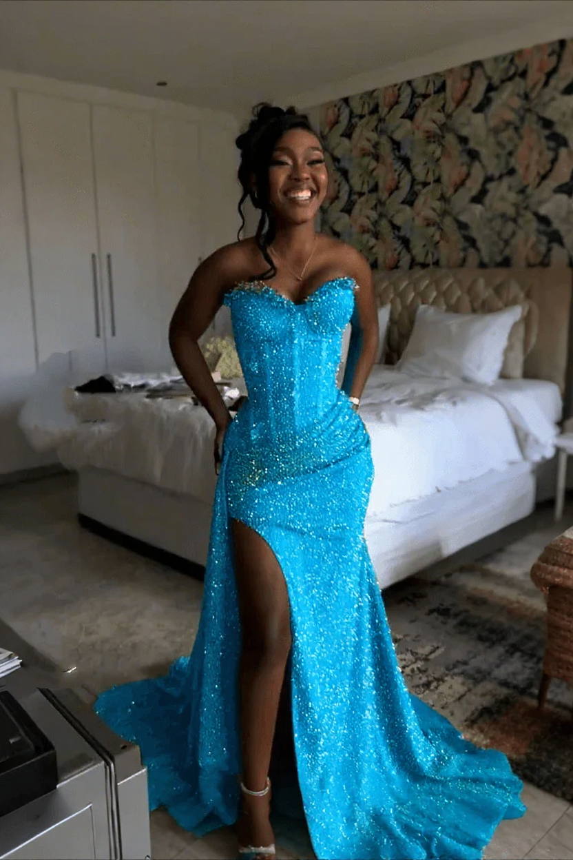 Sky blue strapless split-front mermaid prom dress