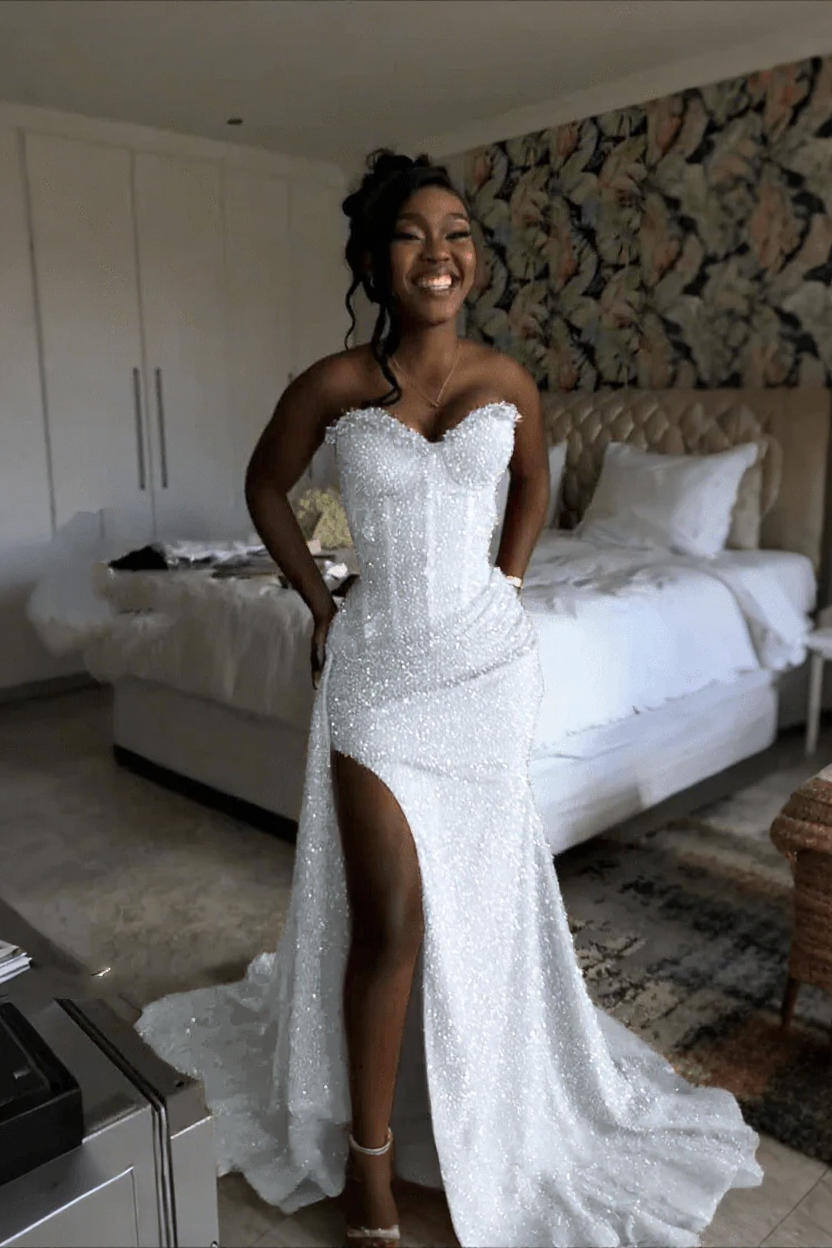 White strapless split-front mermaid prom dress