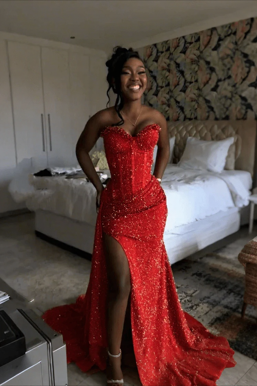 Red strapless split-front mermaid prom dress