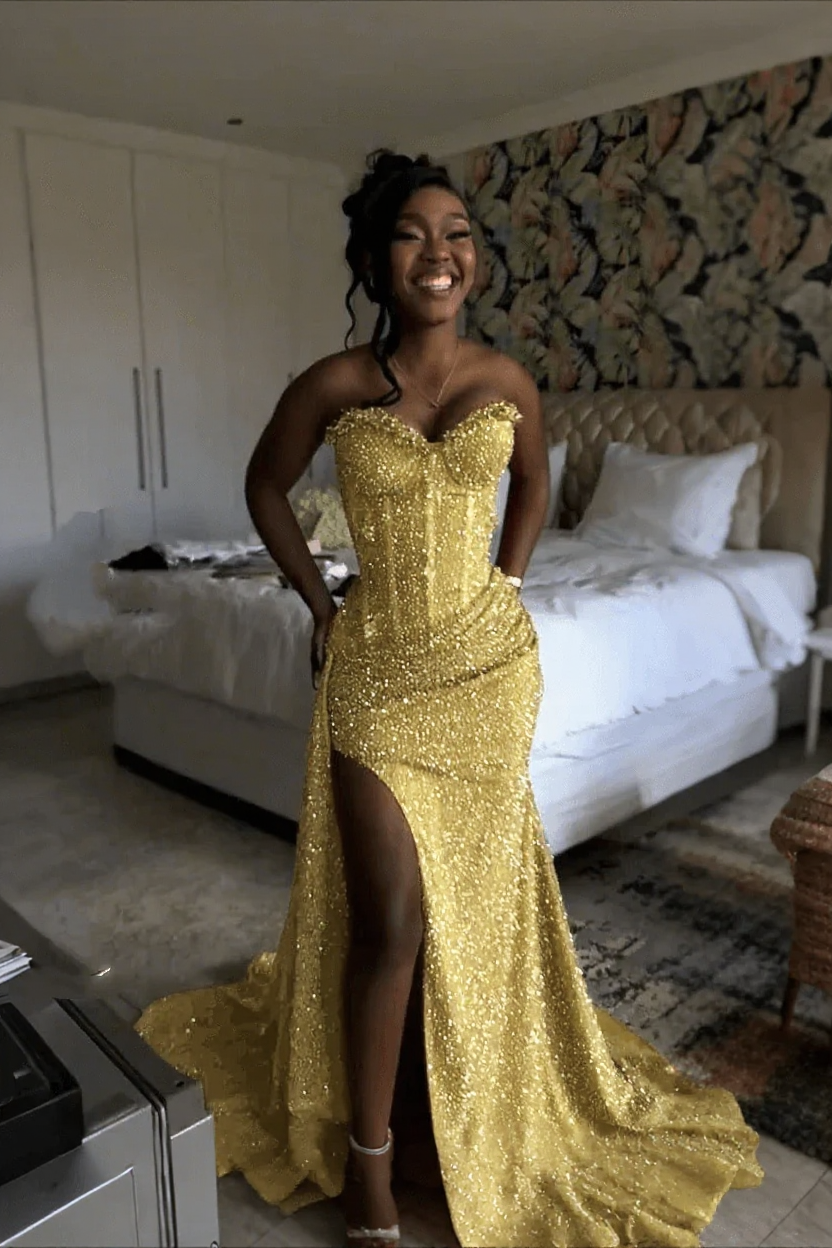 Gold strapless split-front mermaid prom dress