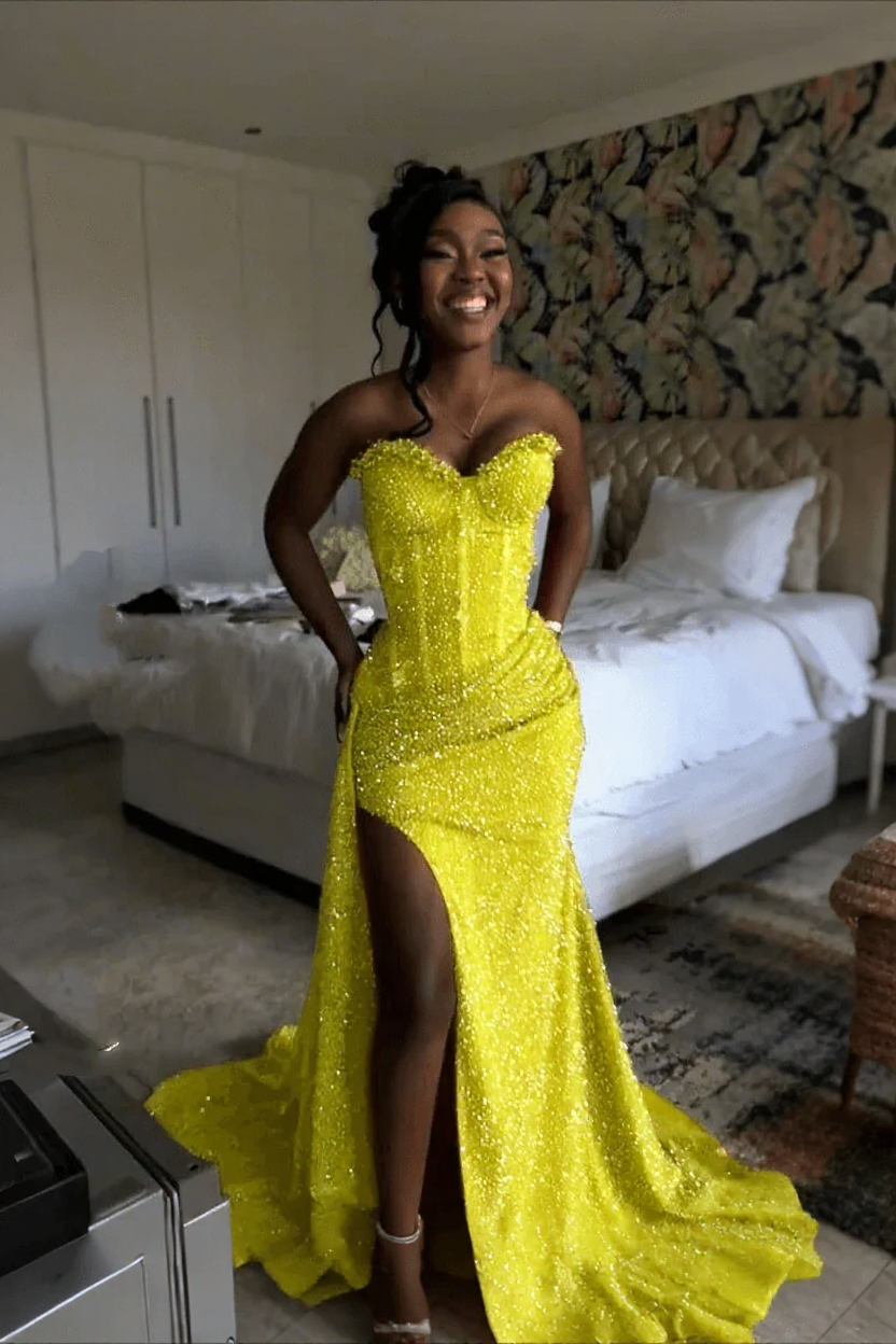 Yellow strapless split-front mermaid prom dress