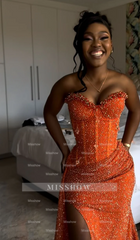 Orange strapless split-front mermaid prom dress