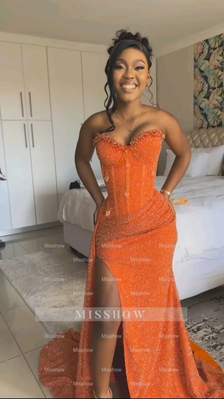 Orange strapless split-front mermaid prom dress