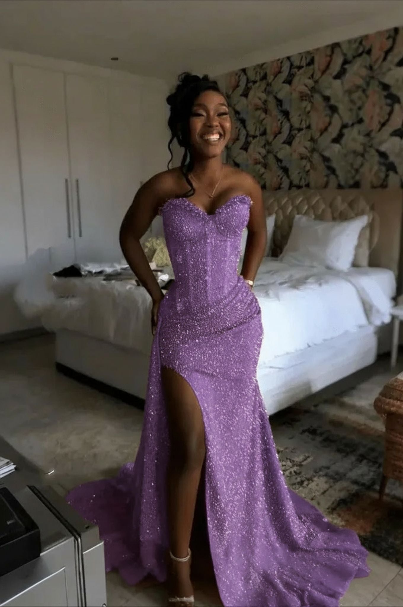 Lavender strapless split-front mermaid prom dress