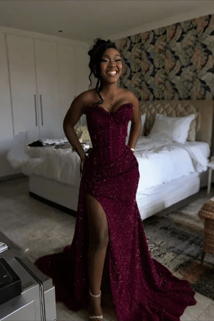 Mulberry strapless split-front mermaid prom dress