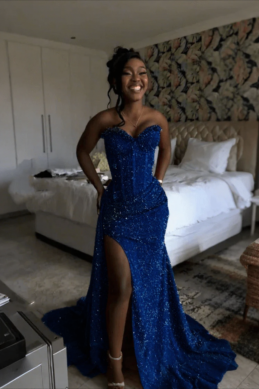 Royal blue strapless split-front mermaid prom dress