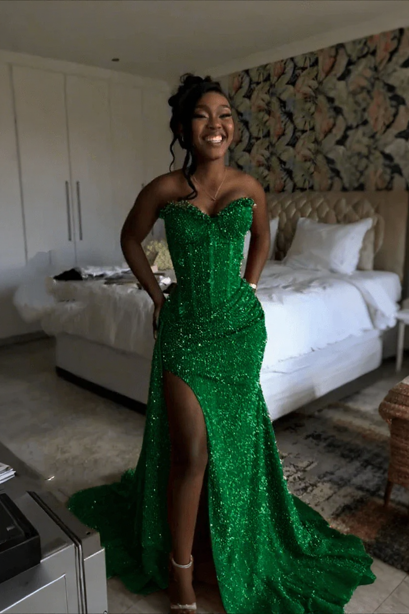 Emerald strapless split-front mermaid prom dress