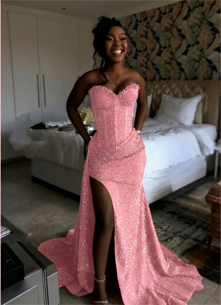 Pink strapless split-front mermaid prom dress