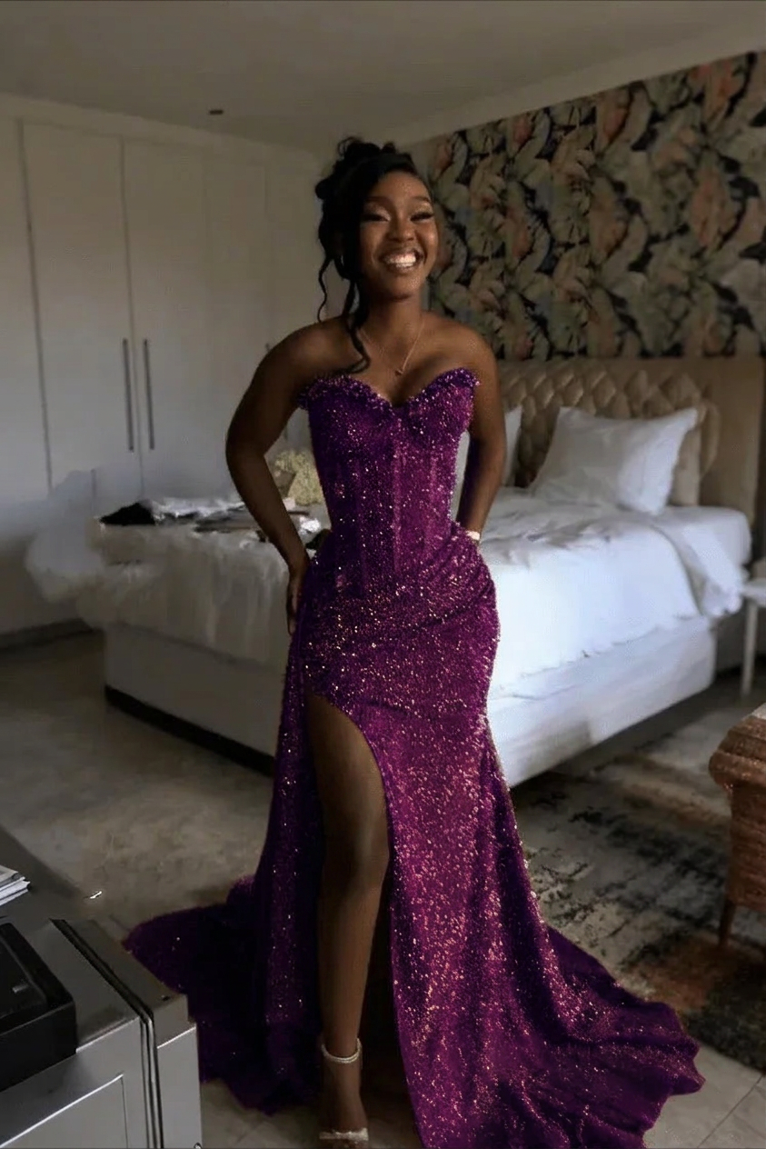Grape strapless split-front mermaid prom dress
