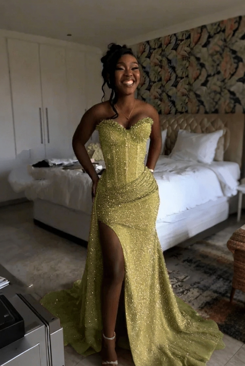 Sage strapless split-front mermaid prom dress