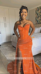 Orange strapless split-front mermaid prom dress