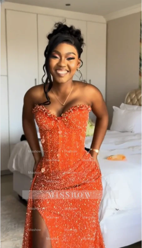 Orange strapless split-front mermaid prom dress