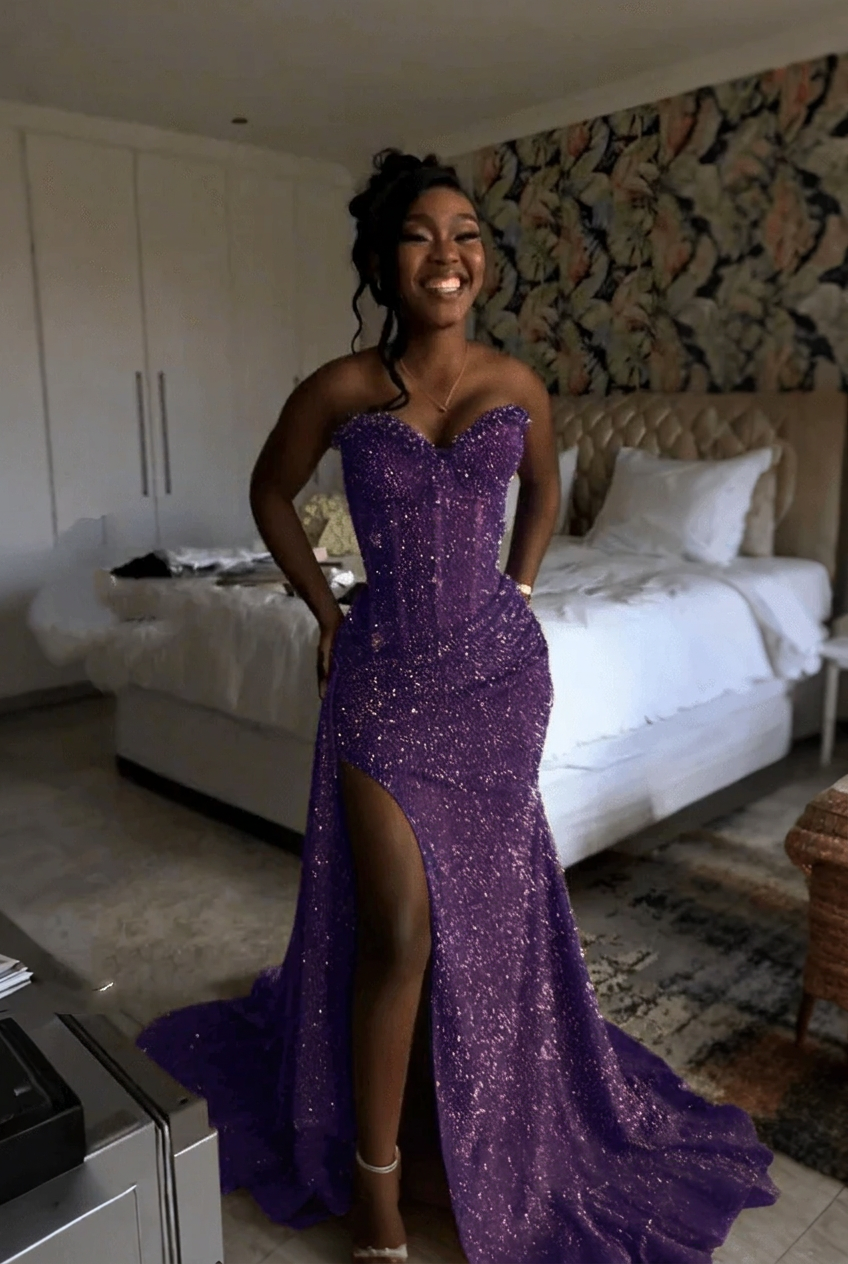 Regency strapless split-front mermaid prom dress
