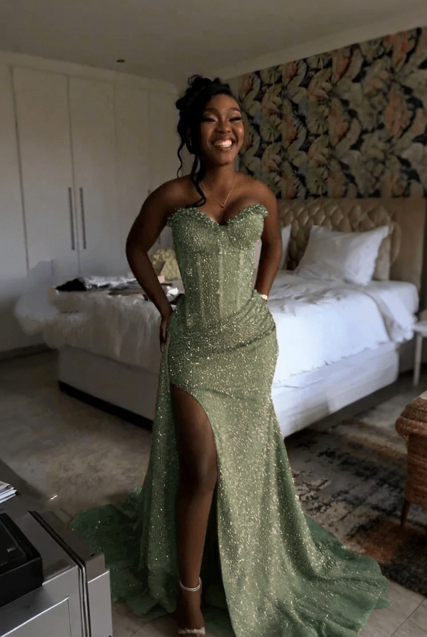 Dusty sage strapless split-front mermaid prom dress