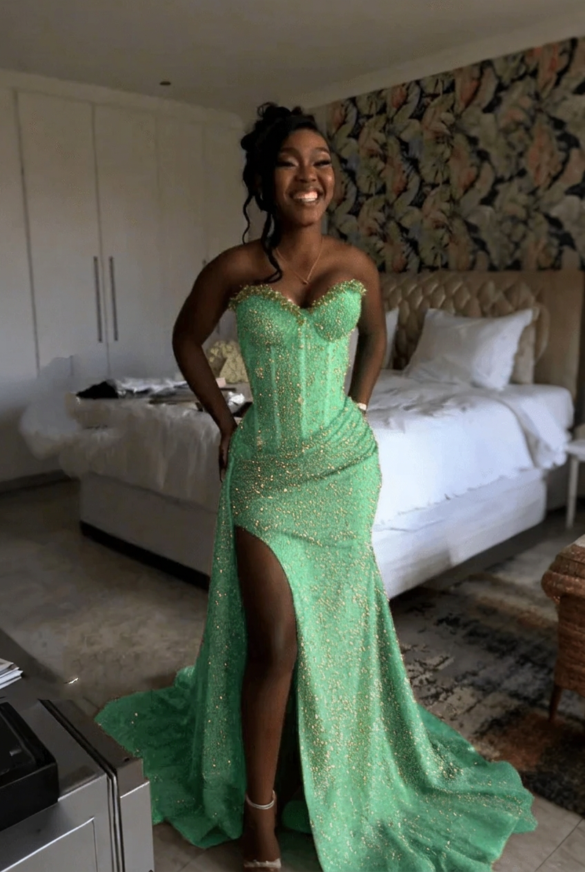 Mint green strapless split-front mermaid prom dress