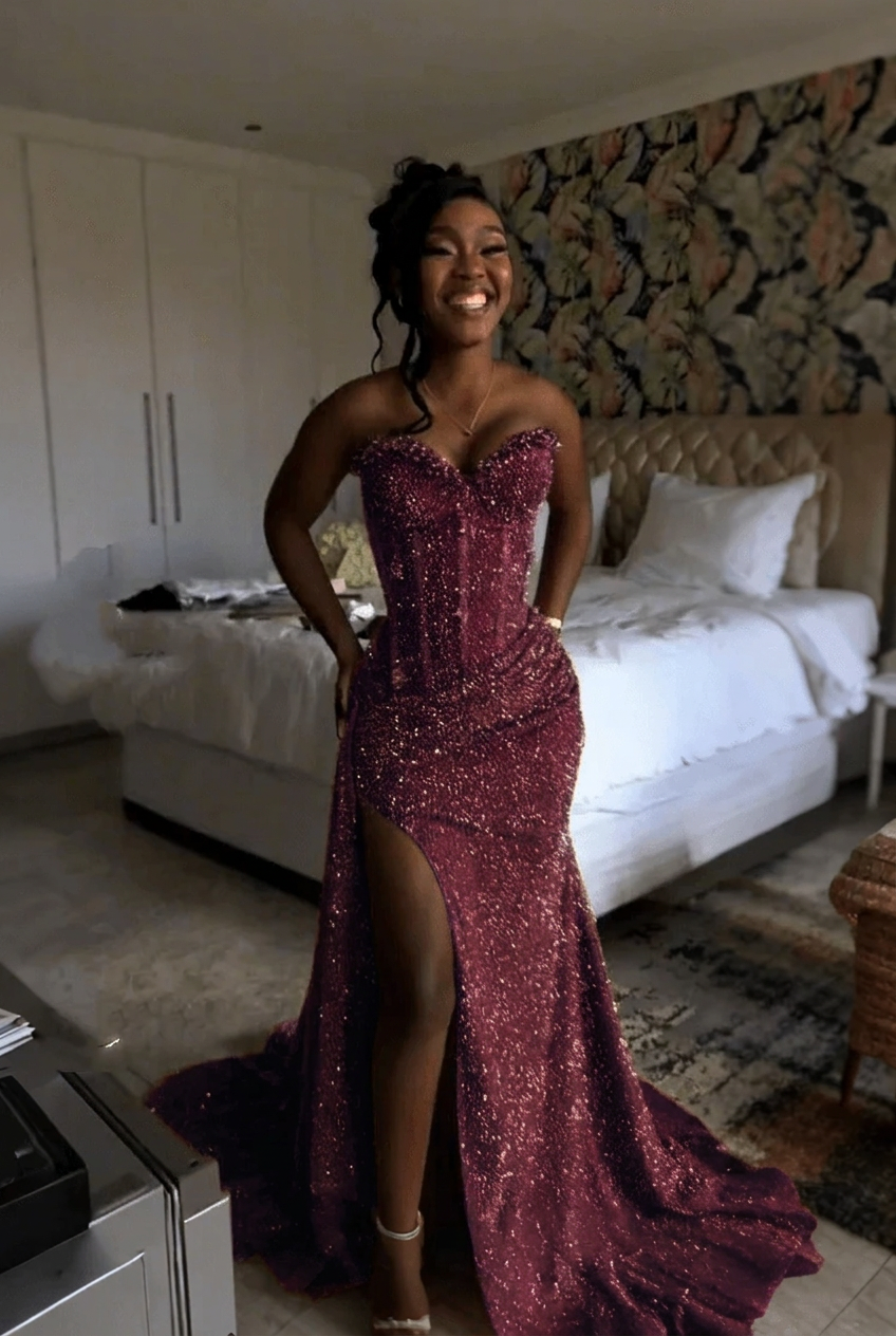Grape strapless split-front mermaid prom dress