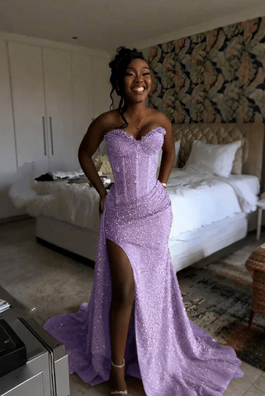 Lavender strapless split-front mermaid prom dress