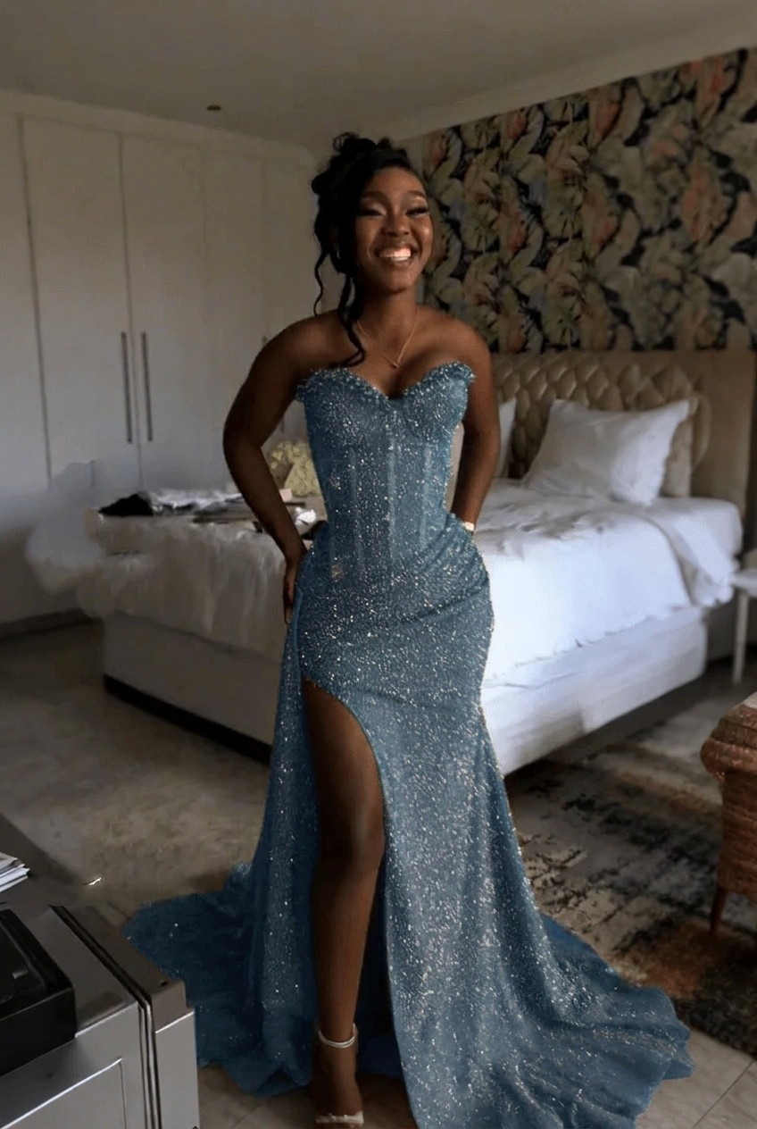 Dusty blue strapless split-front mermaid prom dress