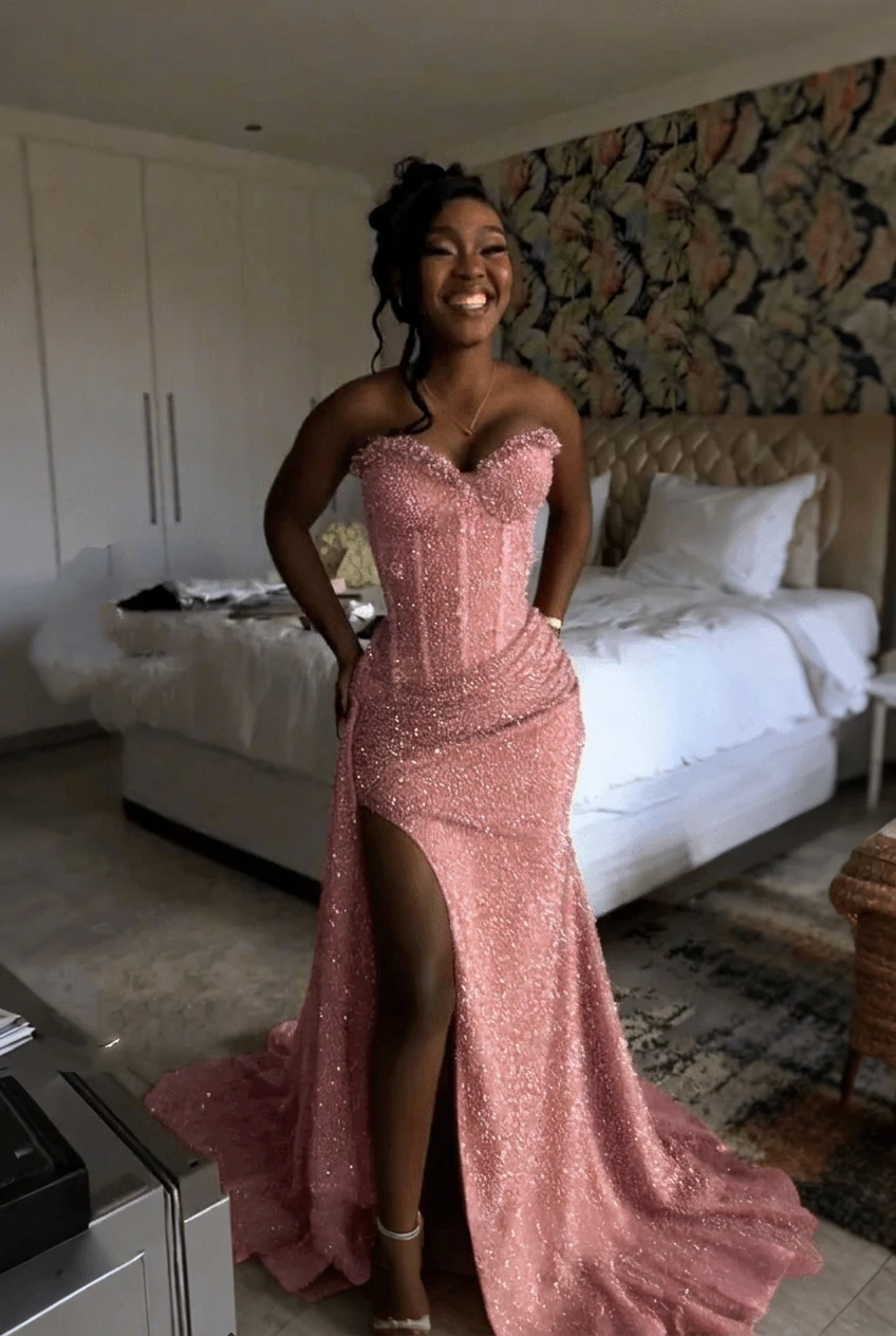 Candy pink strapless split-front mermaid prom dress