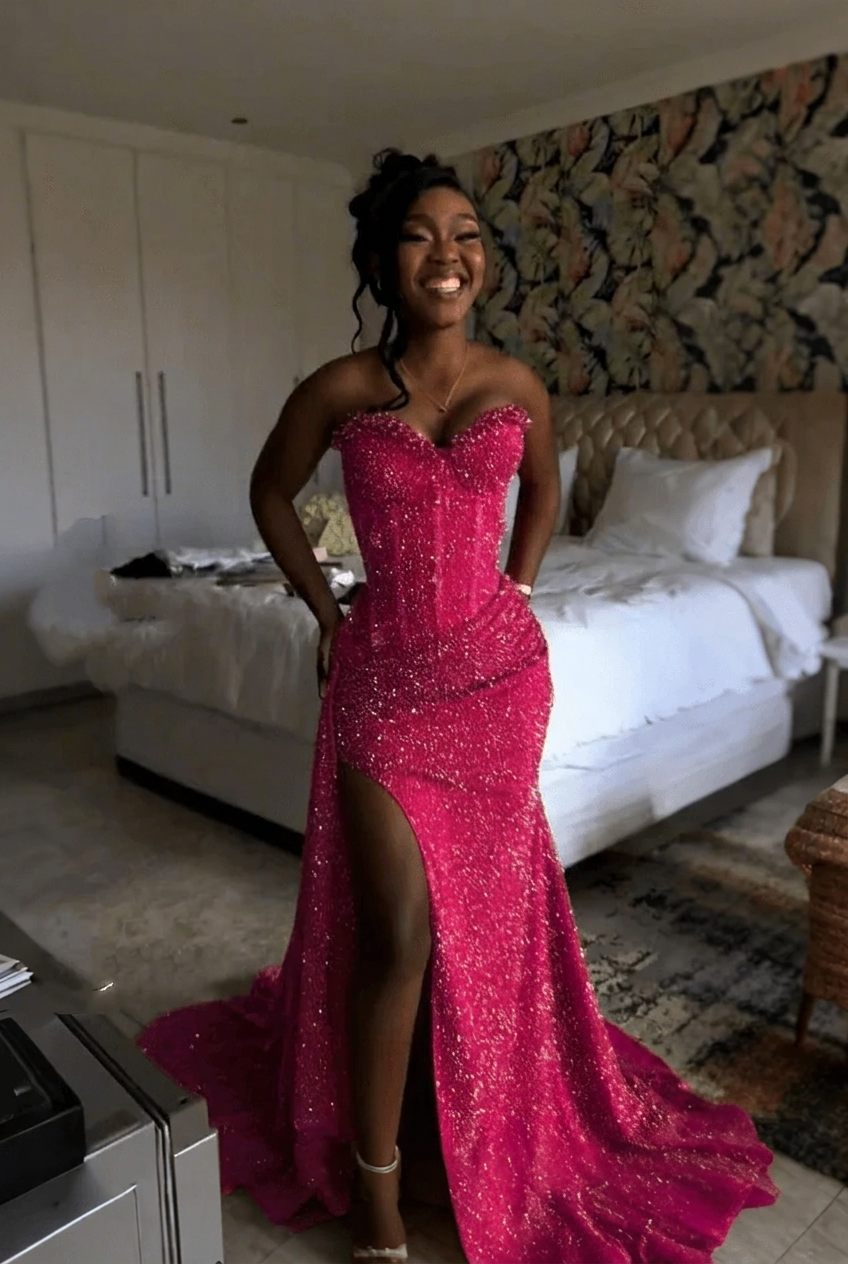 Fuchsia strapless split-front mermaid prom dress