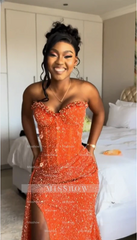 Orange strapless split-front mermaid prom dress
