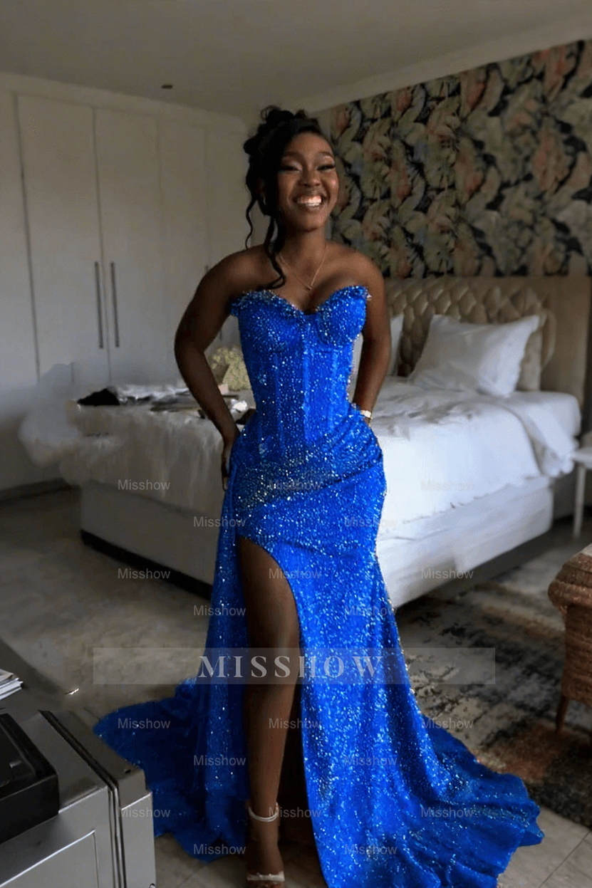 Royal blue strapless split-front mermaid prom dress