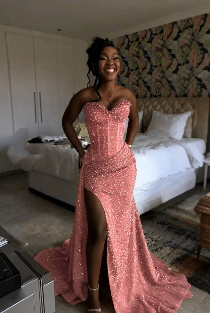 Blushing pink strapless split-front mermaid prom dress