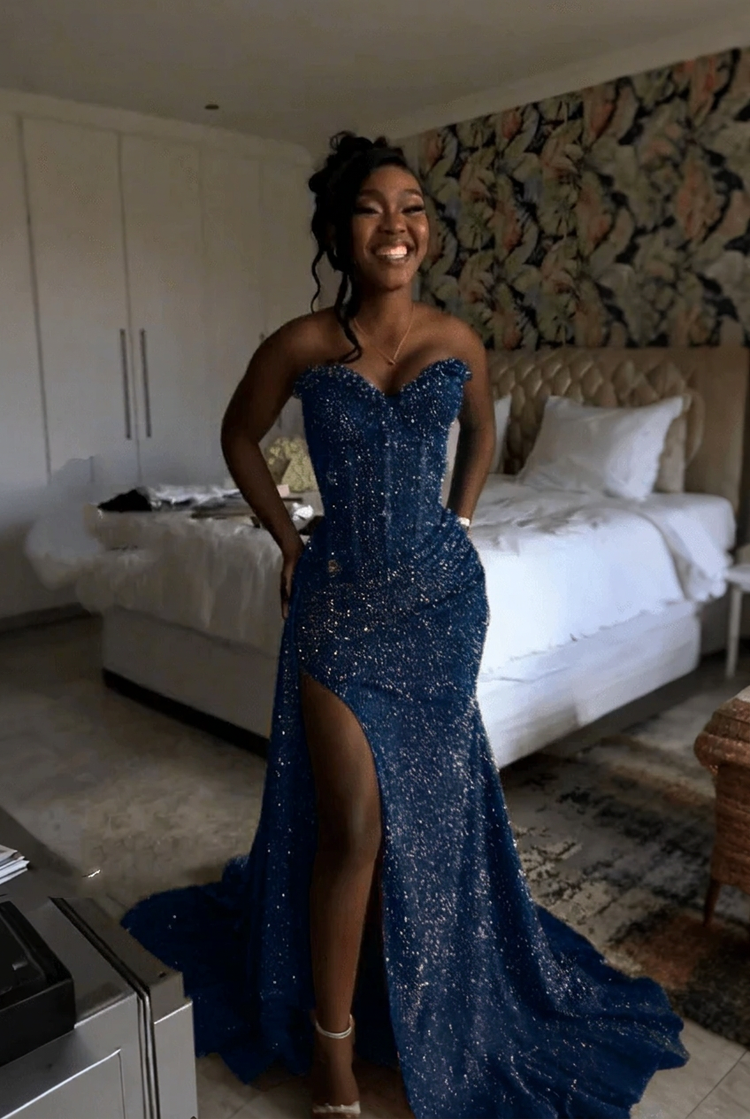 Dark navy strapless split-front mermaid prom dress