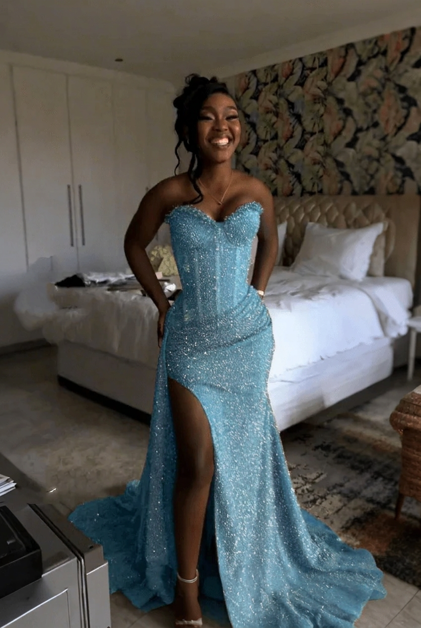 Light blue strapless split-front mermaid prom dress