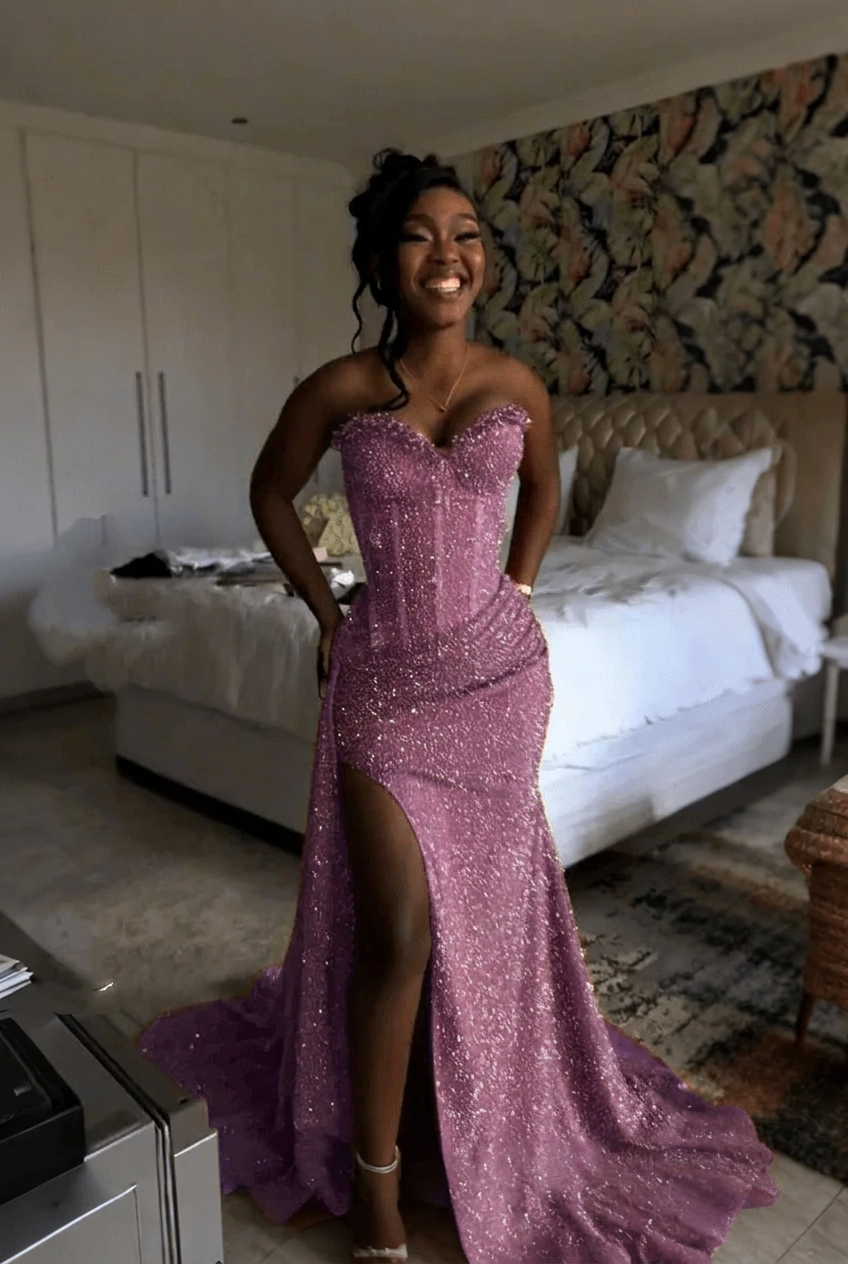 Lilac strapless split-front mermaid prom dress
