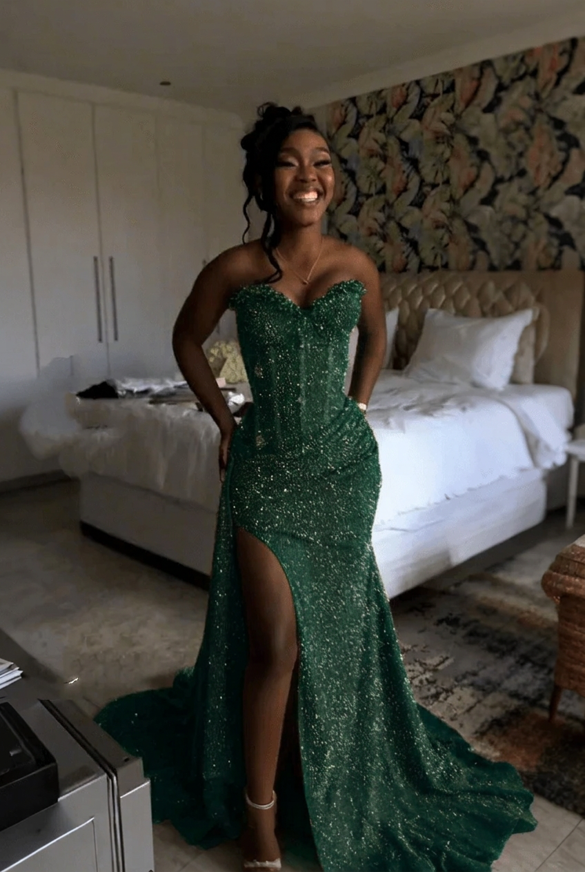Dark green strapless split-front mermaid prom dress